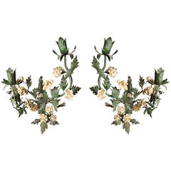 Charming Pair of Green Tole and White Porcelain Wall Lights