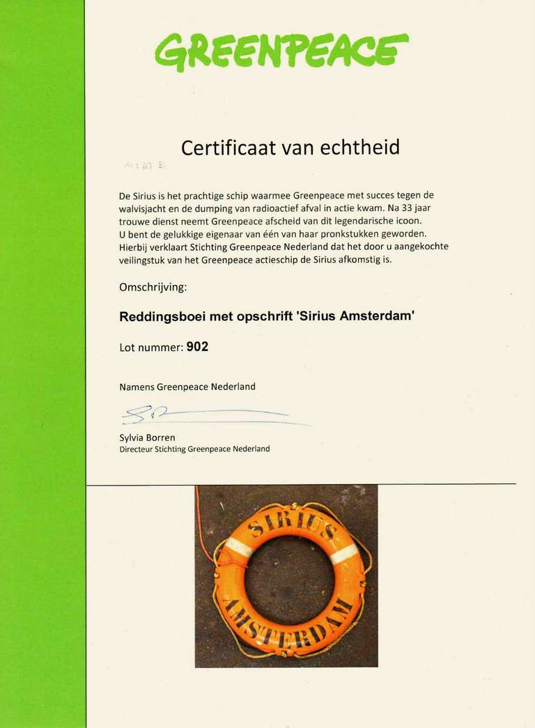 Original Greenpeace Life-Buoy with SIRIUS AMSTERDAM on it. 3