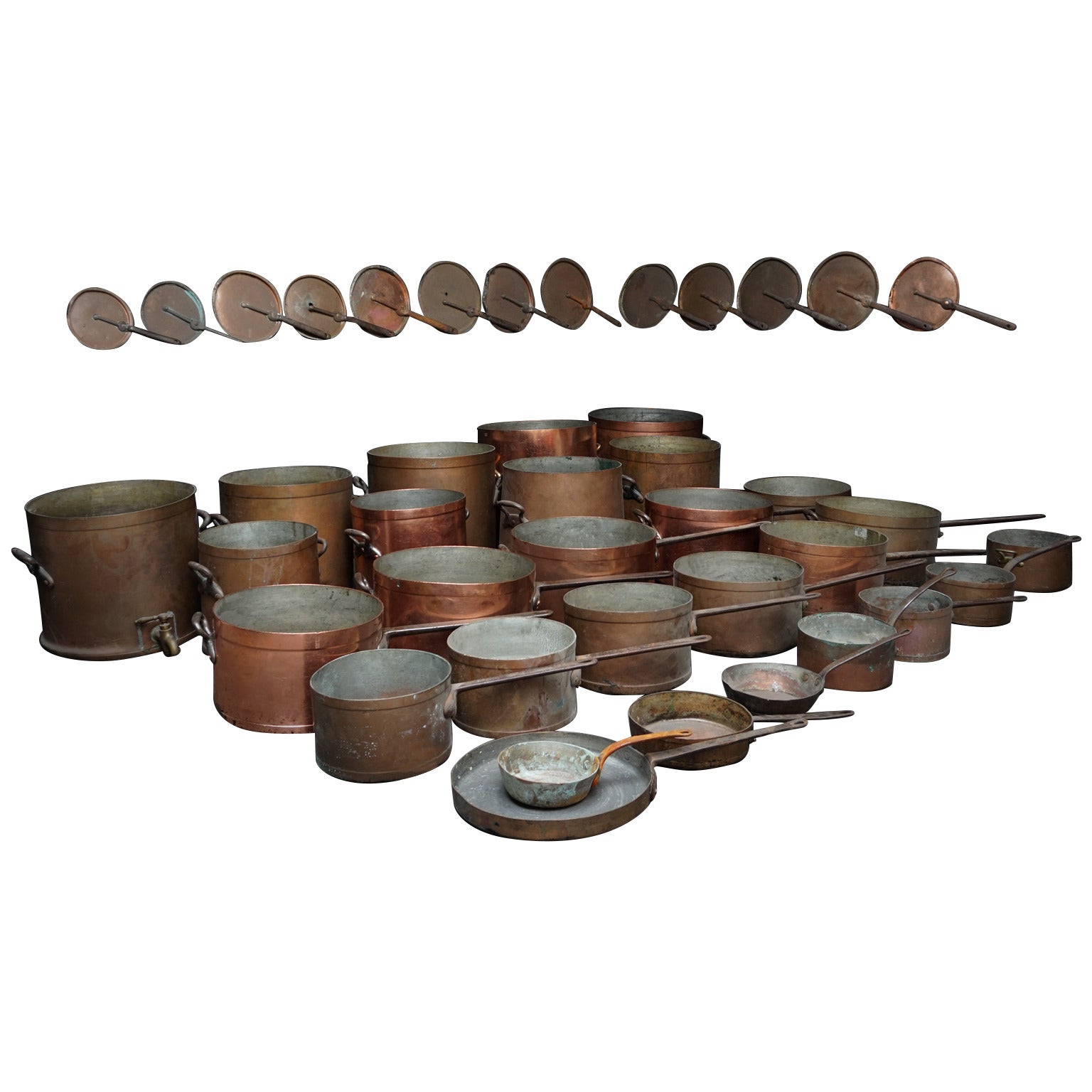Huge 74 Pieces Set of Huge Antique Culinary Copper Pans, Etc.