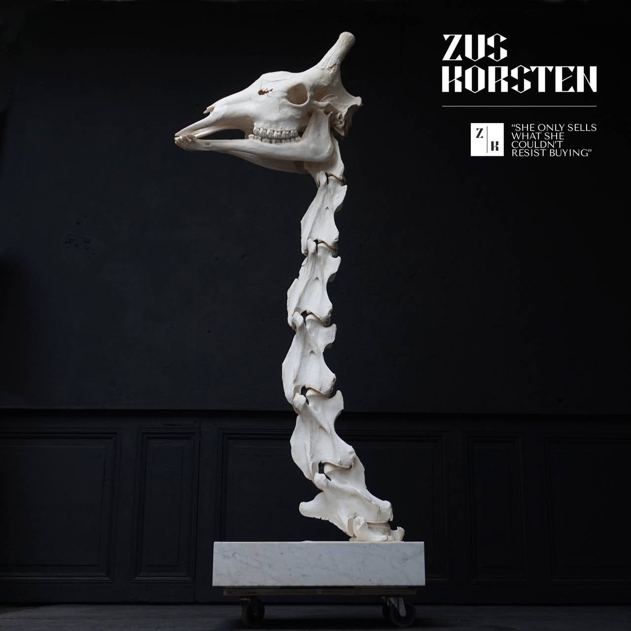 A museum mounted juvenile Giraffe skeleton of neck and head. It is mounted on a solid marble base.
