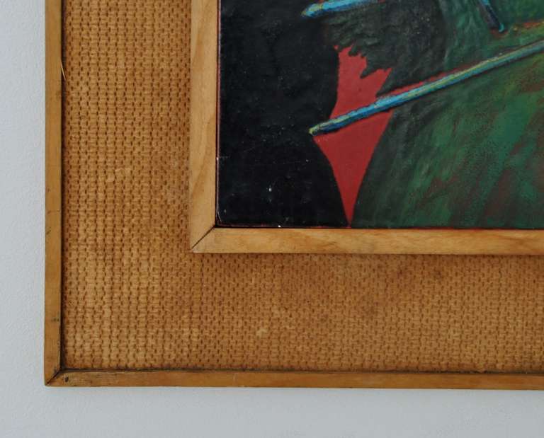 An intense depiction of Saint Sebastian generated through the dynamic colors of the roaring 50's. The artist captures the majesty of the saint's final moment as the icy arrows pierce the soul.
Signed to back of frame E. Brieger