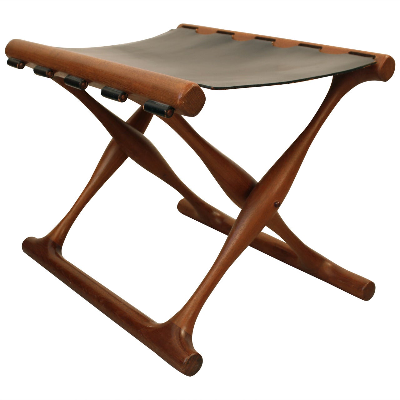 "Guldhoj" Teak and Leather Folding Stool by Poul Hundevad