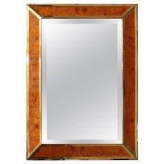 Italian Burl Wood Chrome and Brass Mirror 1970s