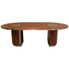 Vintage 1970s Burl Wood and Brushed Steel Oval Dining Table