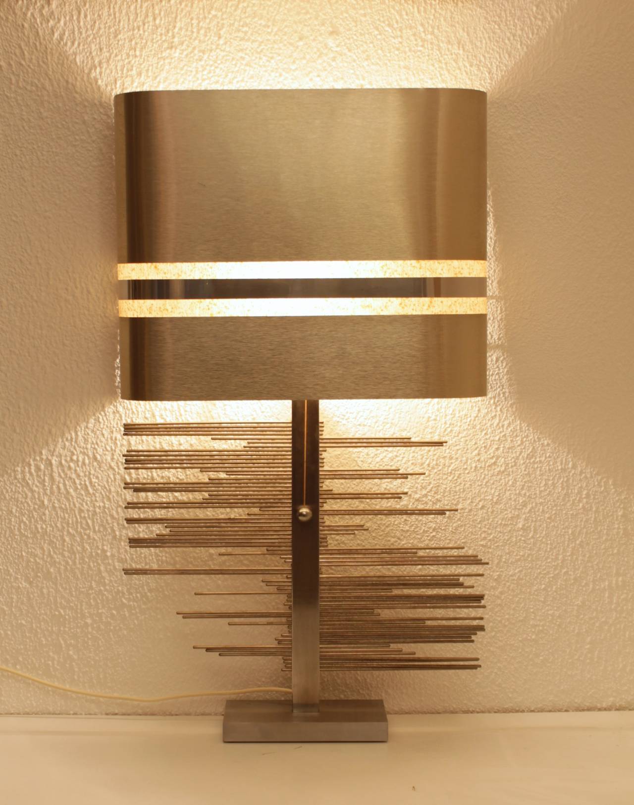French Sculptural Brushed Steel Table Lamp, 1970s