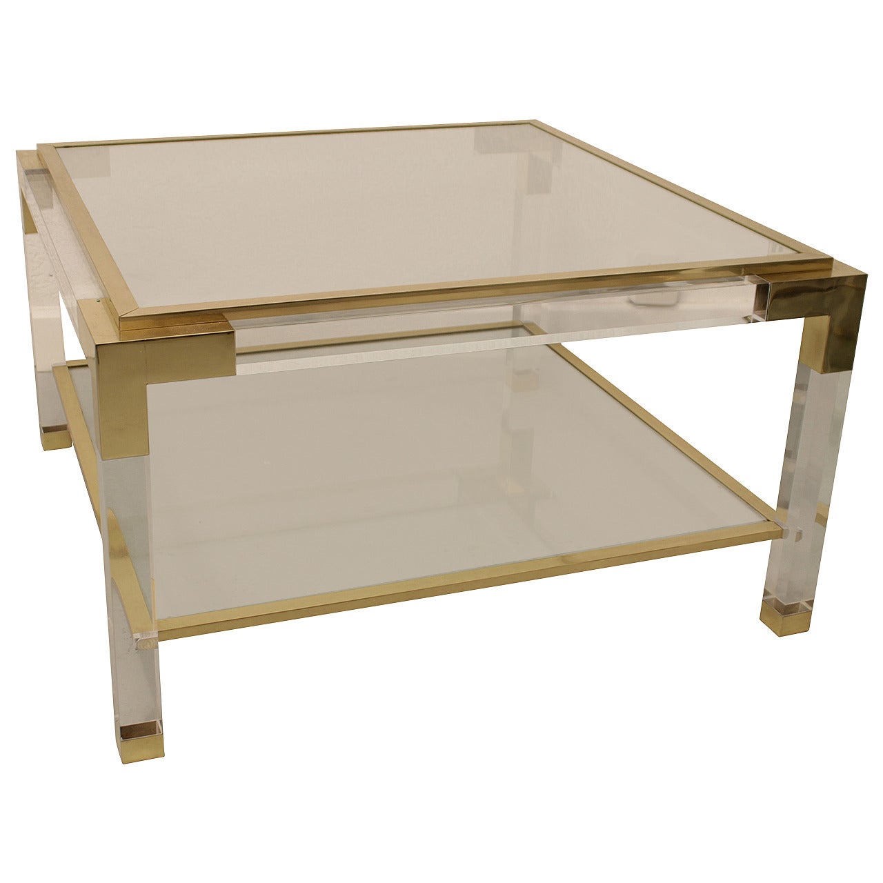 1970 Mid Century Lucite Brass Glass Top Coffee Cocktail Table with Bottom Shelf