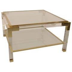 Vintage 1970 Mid Century Lucite Brass Glass Top Coffee Cocktail Table with Bottom Shelf