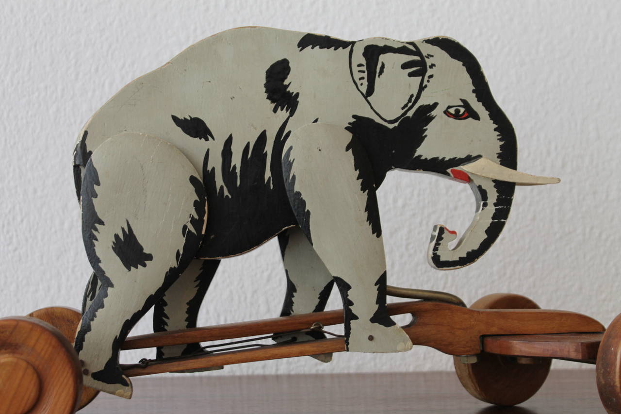 European 1950s Wooden Pull Toy Elephant
