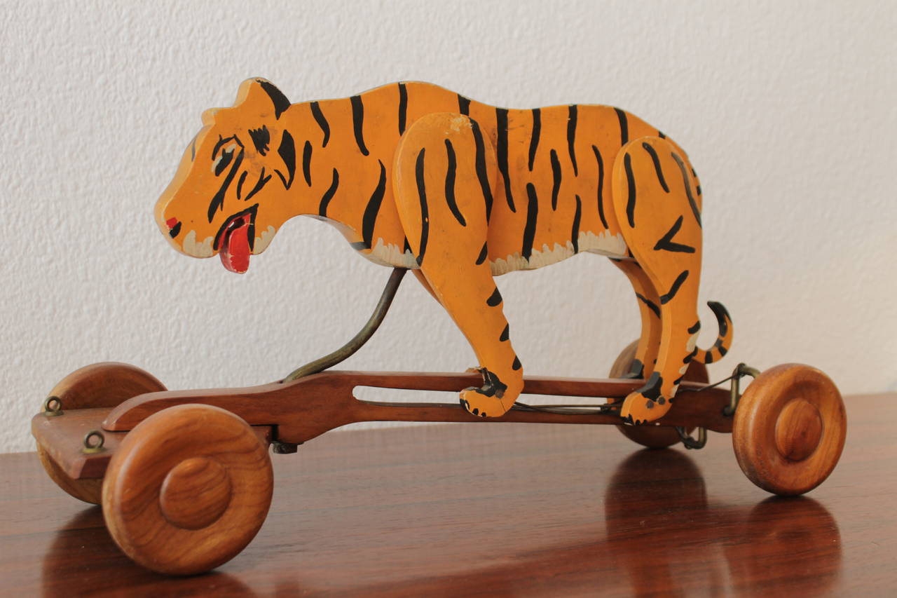 Mid-20th Century 1950s Wooden Pull Toy Tiger