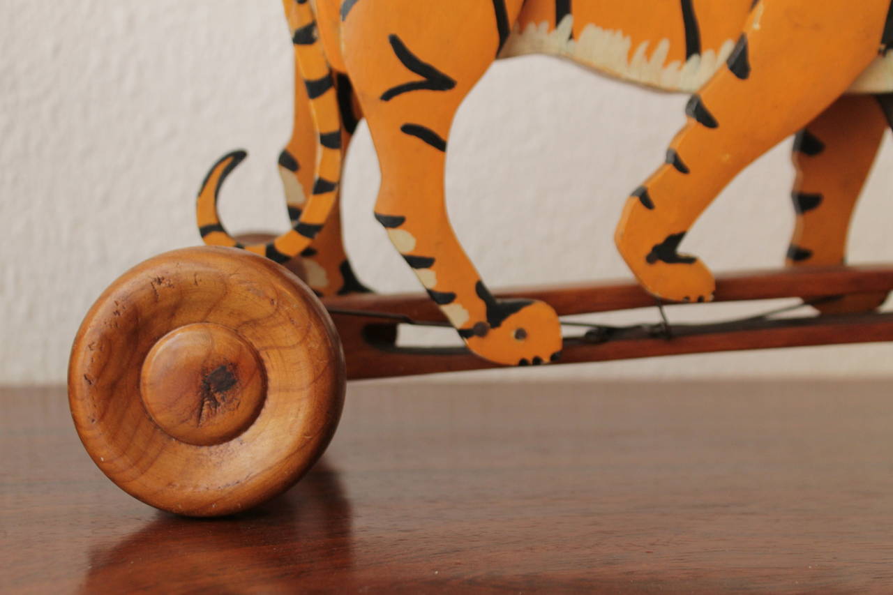 European 1950s Wooden Pull Toy Tiger