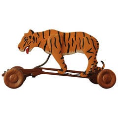 Vintage 1950s Wooden Pull Toy Tiger