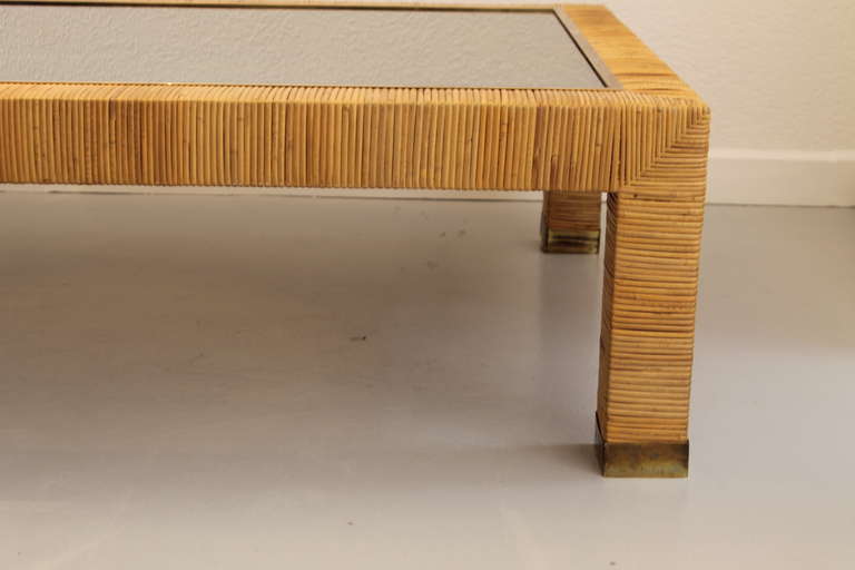 Vintage Bielecky Brothers Rattan, Brass and Glass Coffee Table 2