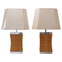 1970s Rattan and Steel Pair of Table Lamps