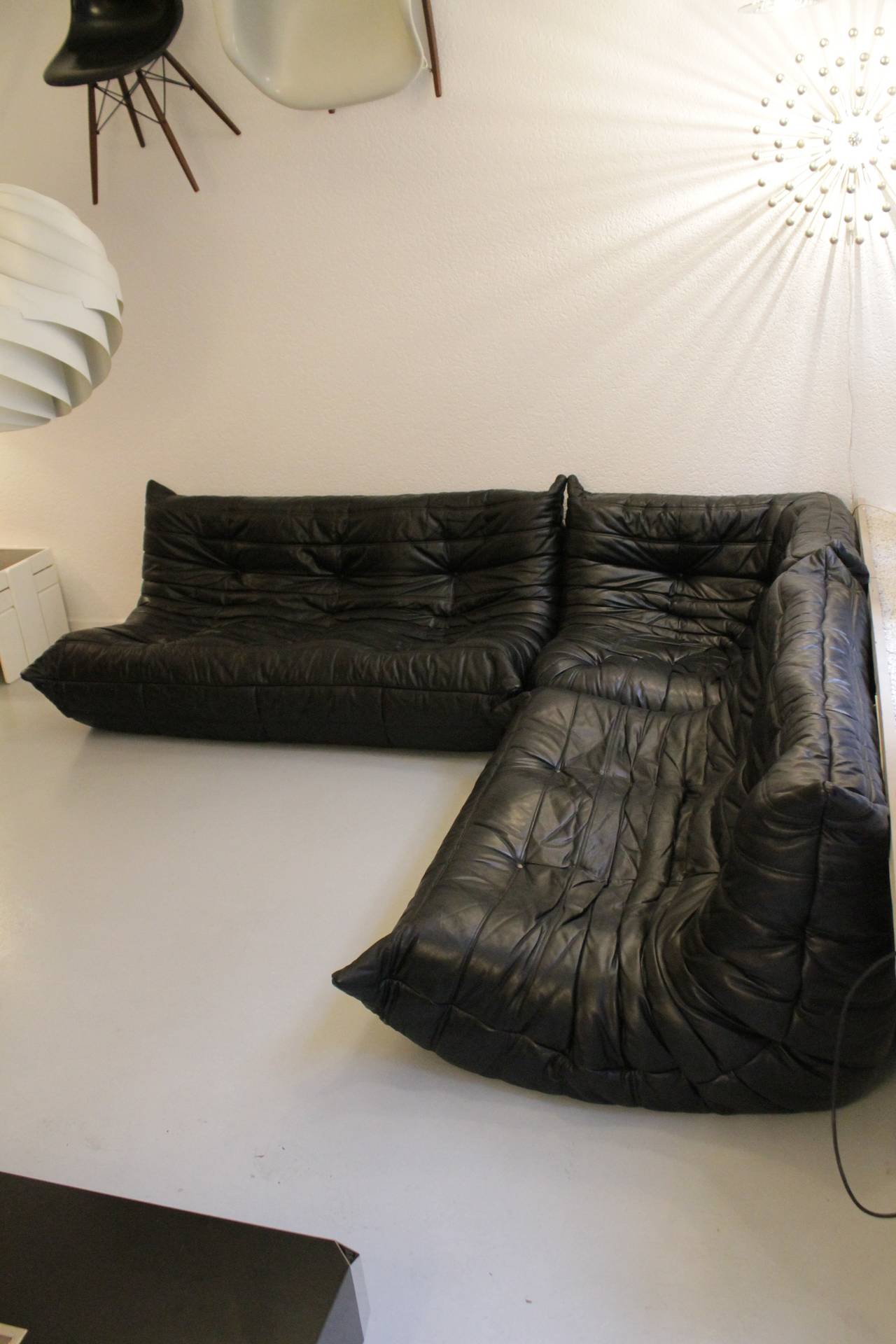 French Togo Ligne Roset Black Leather Sofa