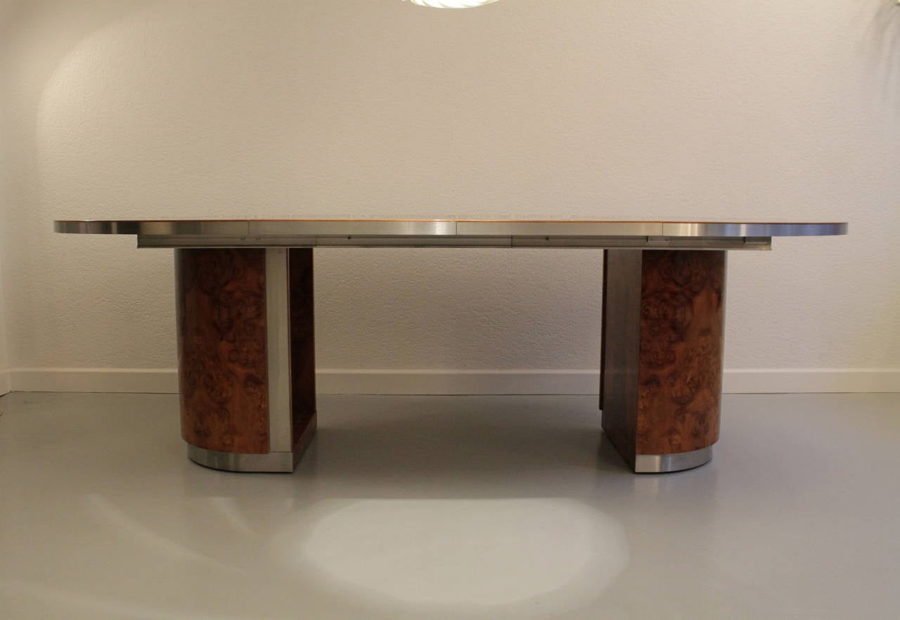 1970's Burl Wood & Steel Oval Dining Table In Excellent Condition In Geneva, CH