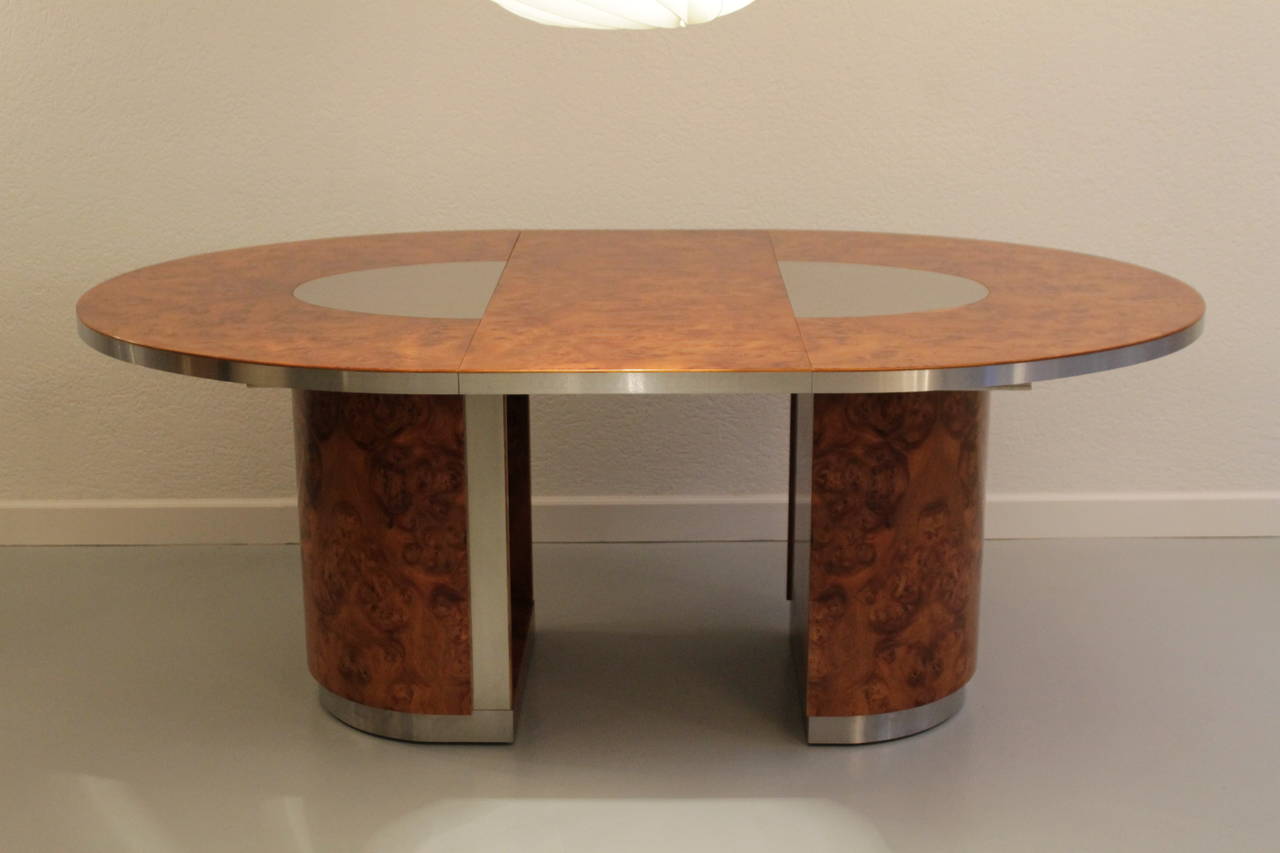 1970's Burl Wood & Steel Oval Dining Table 2