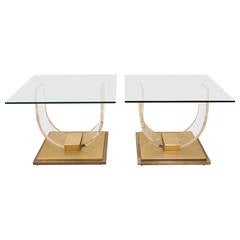 1970's heavy pair of chrome, brass & lucite end tables