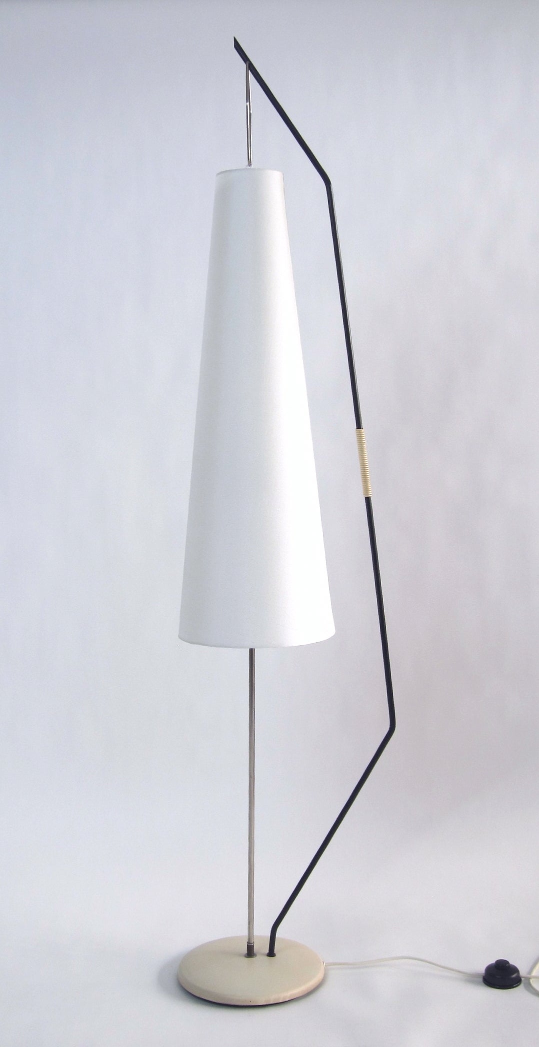 Elegant and slim floor lamp with pendant shade, France, 1950s. Shade with new silky gloss fabric.