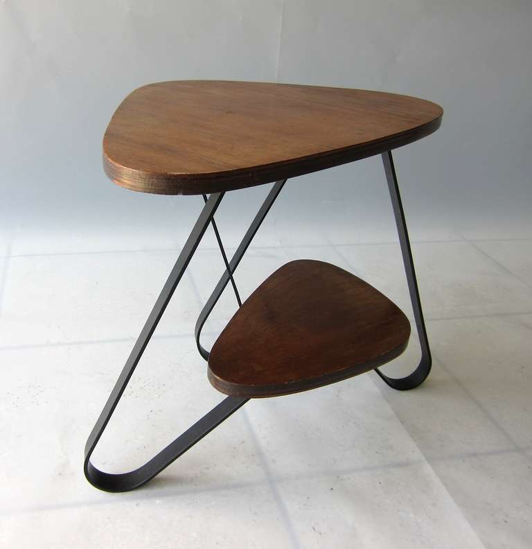 Hand-crafted side table with two lumber-core plywood table tops
and bent flat steel feet