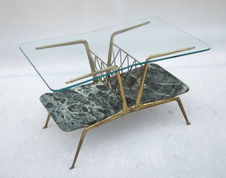 Italian Gio Ponti Style Glass and Marble Bilevel Coffee Table, Italy, 1950s