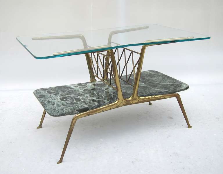 Mid-Century Modern Gio Ponti Style Glass and Marble Bilevel Coffee Table, Italy, 1950s