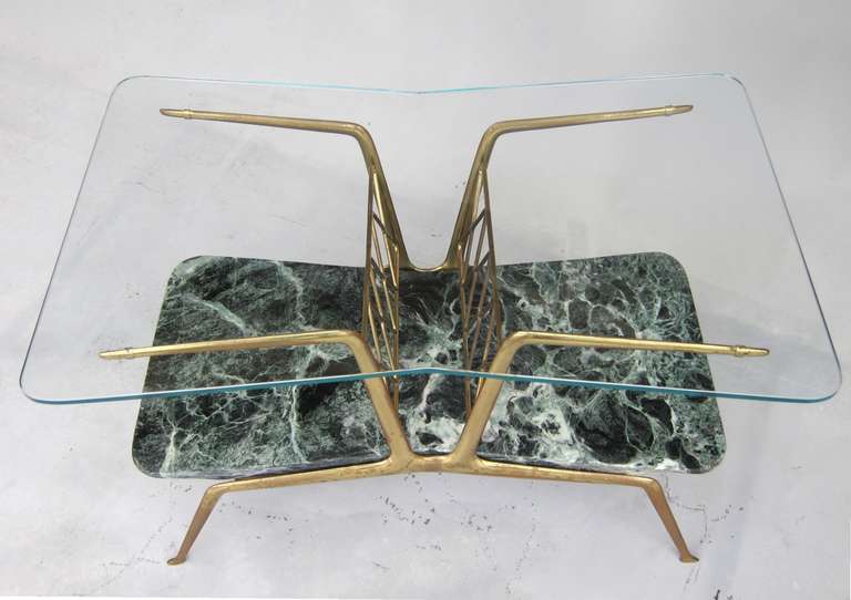Brass Gio Ponti Style Glass and Marble Bilevel Coffee Table, Italy, 1950s