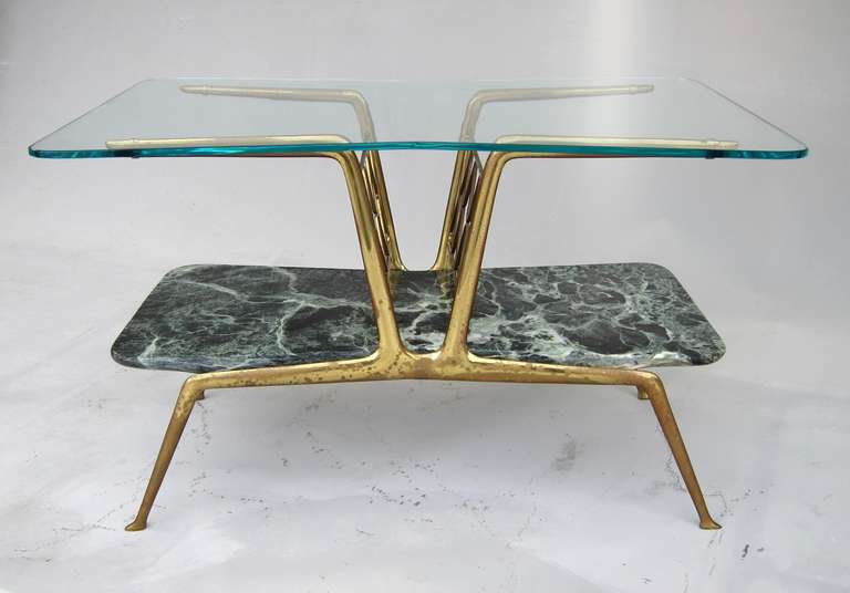 Magnificent and heavy coffee table, made in brass, marble and glass, Italy 1950's