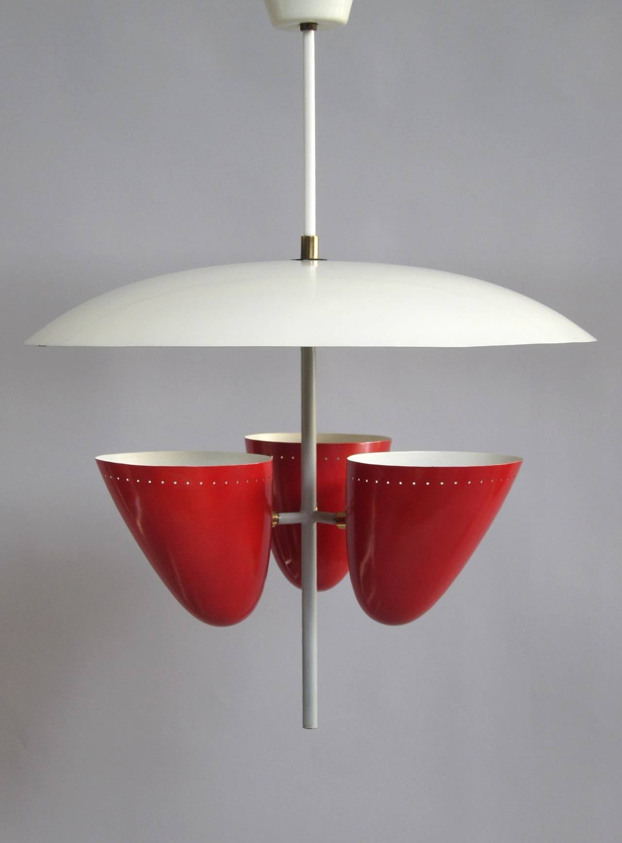 Typically 1950's Design Pendant, the three shades can be angled in many different positions, for direct or indirect lighting, manufactured in Italy