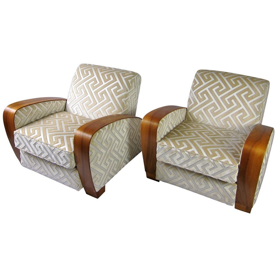 Pair of Art Déco Lounge Chairs 1920s, Andrew Martin Silk Fabric For Sale