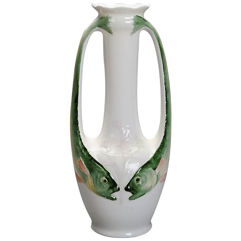 Art Nouveau Porcelain Vase Decorated with Two Handles in the Shape of Fish For Sale
