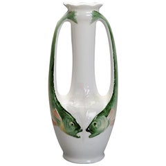 Art Nouveau Porcelain Vase Decorated with Two Handles in the Shape of Fish