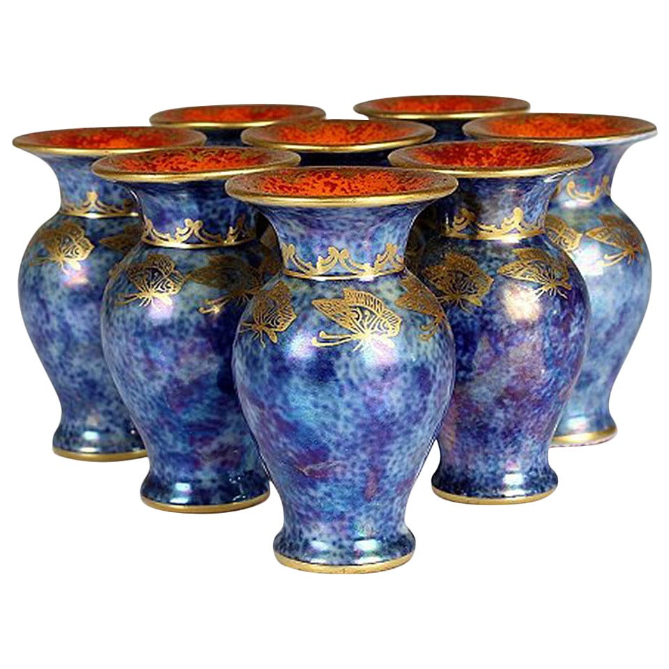 Rosenthal, Eight Vases, Blue with Golden Insects and Red Interior For Sale