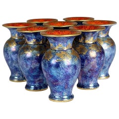Vintage Rosenthal, Eight Vases, Blue with Golden Insects and Red Interior