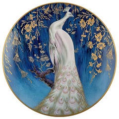 Heinrich, large dish hand painted in Japanese style with a peacock.