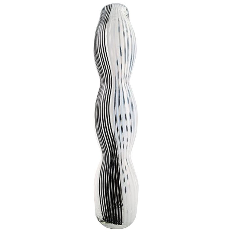Murano Large Art Glass Vase, Unstamped, Black and White Striped