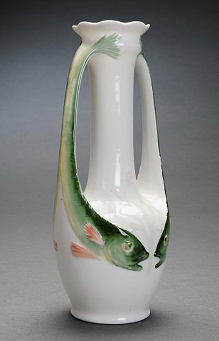 Art Nouveau Porcelain Vase Decorated with Two Handles in the Shape of Fish In Fair Condition For Sale In Copenhagen, DK