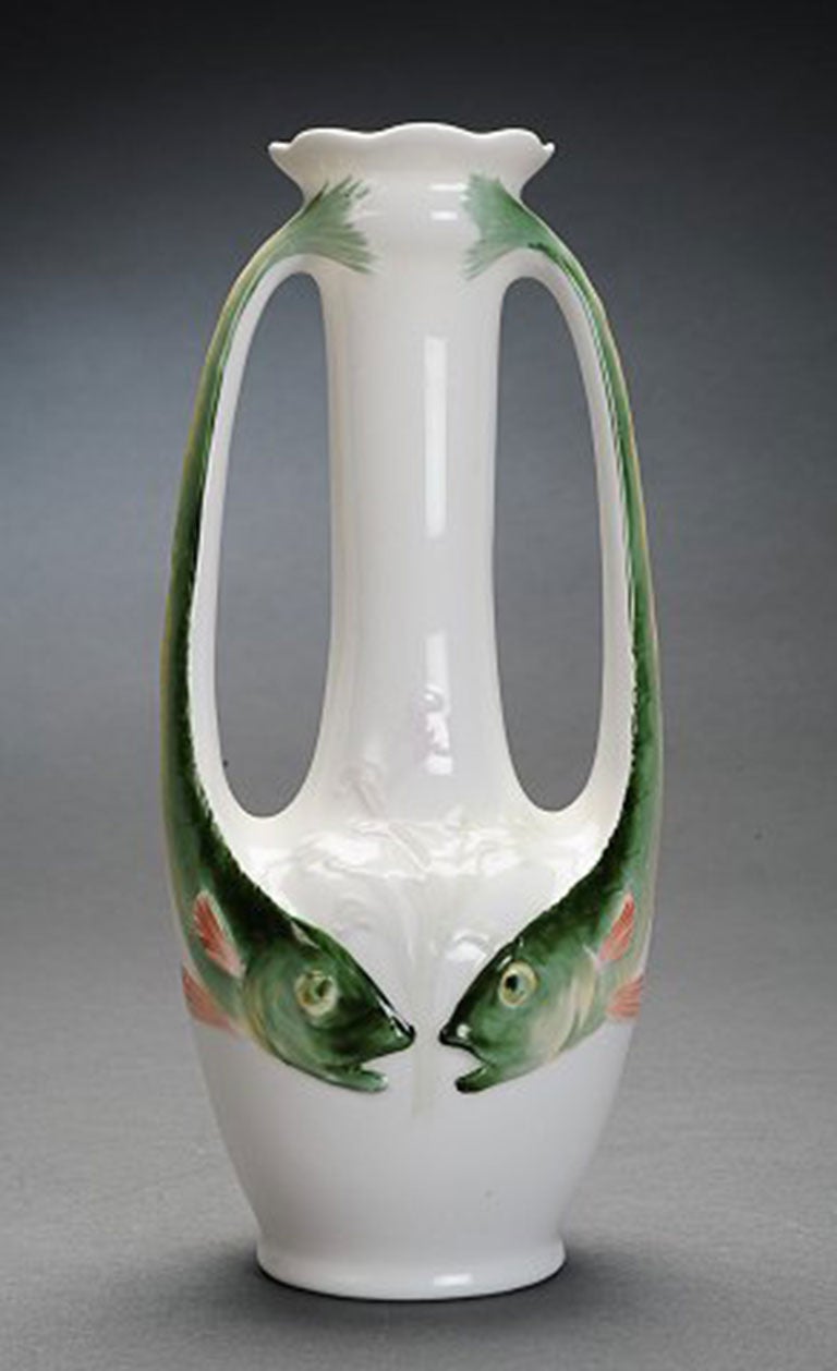 20th Century Art Nouveau Porcelain Vase Decorated with Two Handles in the Shape of Fish For Sale