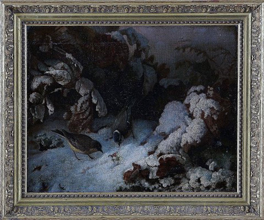 UNIDENTIFIED FRENCH ARTIST, 19 c.
Winter landscape with birds. Painting of high quality.
Signed illegible, oil on canvas.
Measuring 31x39 cm (38 x 47 cm.)
In good condition, we offer to have the painting restored for free.