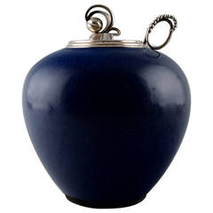 Saxbo Ceramic Vase with Matching Sterling Silver Lid and Silver Spoon