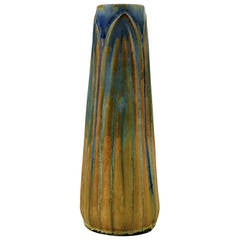 Gilbert Metenier Signed Art Deco Vase, Yellow and Blue Glaze, 1920-30s