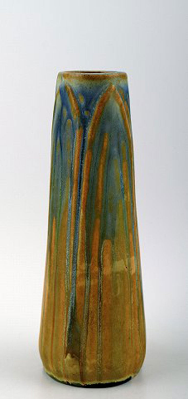 Gilbert Metenier Signed Art Deco Vase, Yellow and Blue Glaze, 1920-30s