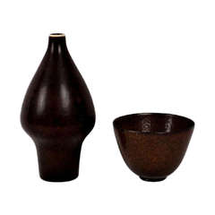Rorstrand, Gunnar Nylund, Ceramic Vase and Bowl in Brown Glaze, 1950s
