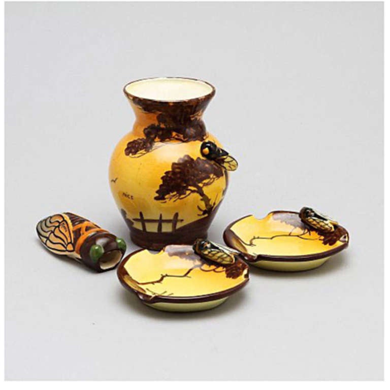 Massier Vallauris, Nice. Art Nouveau ceramics, France, early 20 century vase, two ashtrays and a holder formed as an insect. Hallmarked: Nice, Massier Vallauris. Measure: The vase is 18 cm. tall. In good condition. Prices from USD 300 each.