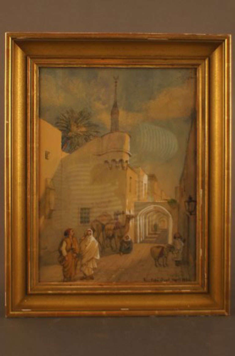 Antique watercolor, oriental street scene from Tripoli with people and camels. Indistinctly signed in monogram, Rue Erba Arset, Tripoli 1884. In good condition, I recommend a clean.
Provenance: Martha og Wilhelm Boltenstern.
Size 32 x 24 cm. The