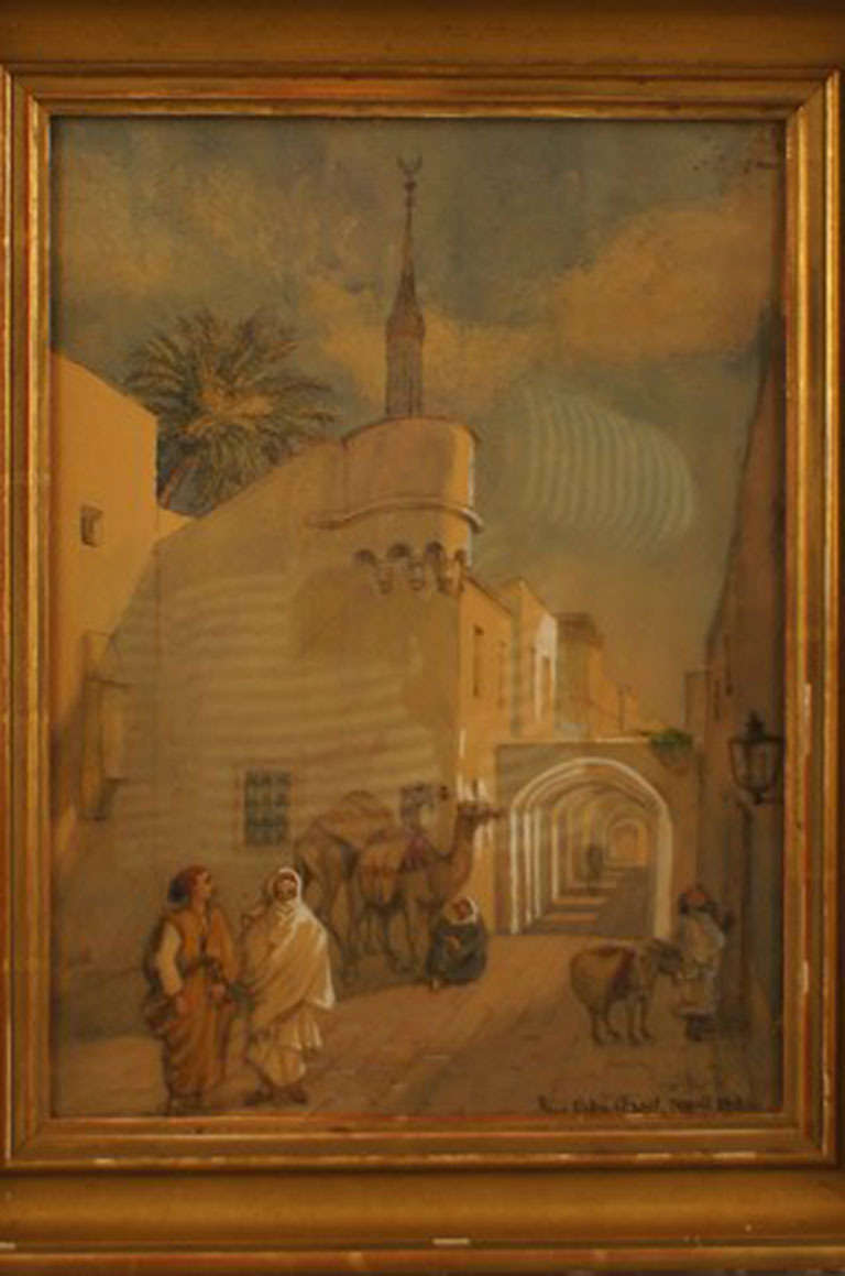 Antique Watercolor, Oriental Street Scene from Tripoli with People and Camels In Good Condition In Copenhagen, DK