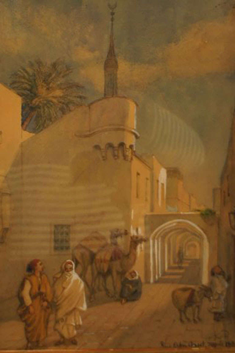 19th Century Antique Watercolor, Oriental Street Scene from Tripoli with People and Camels