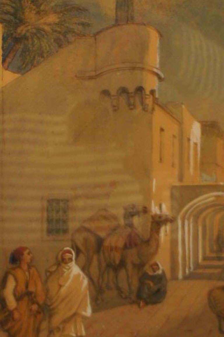 Antique Watercolor, Oriental Street Scene from Tripoli with People and Camels 1