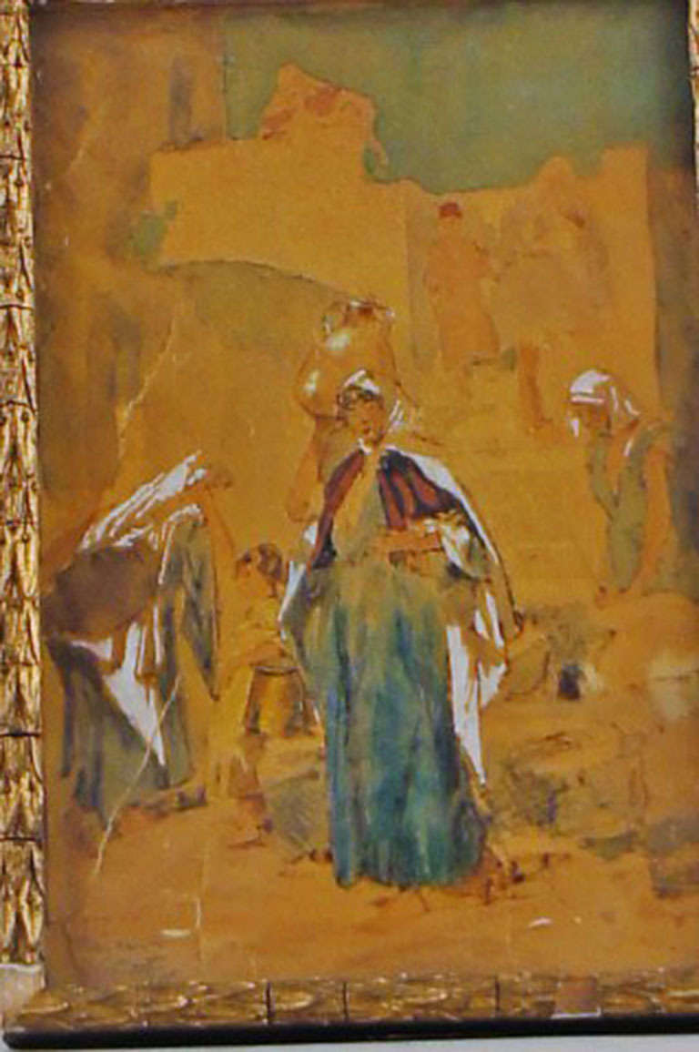 French Gouache by Benjamin Constant of Oriental Motif, Woman Carrying Water Jug