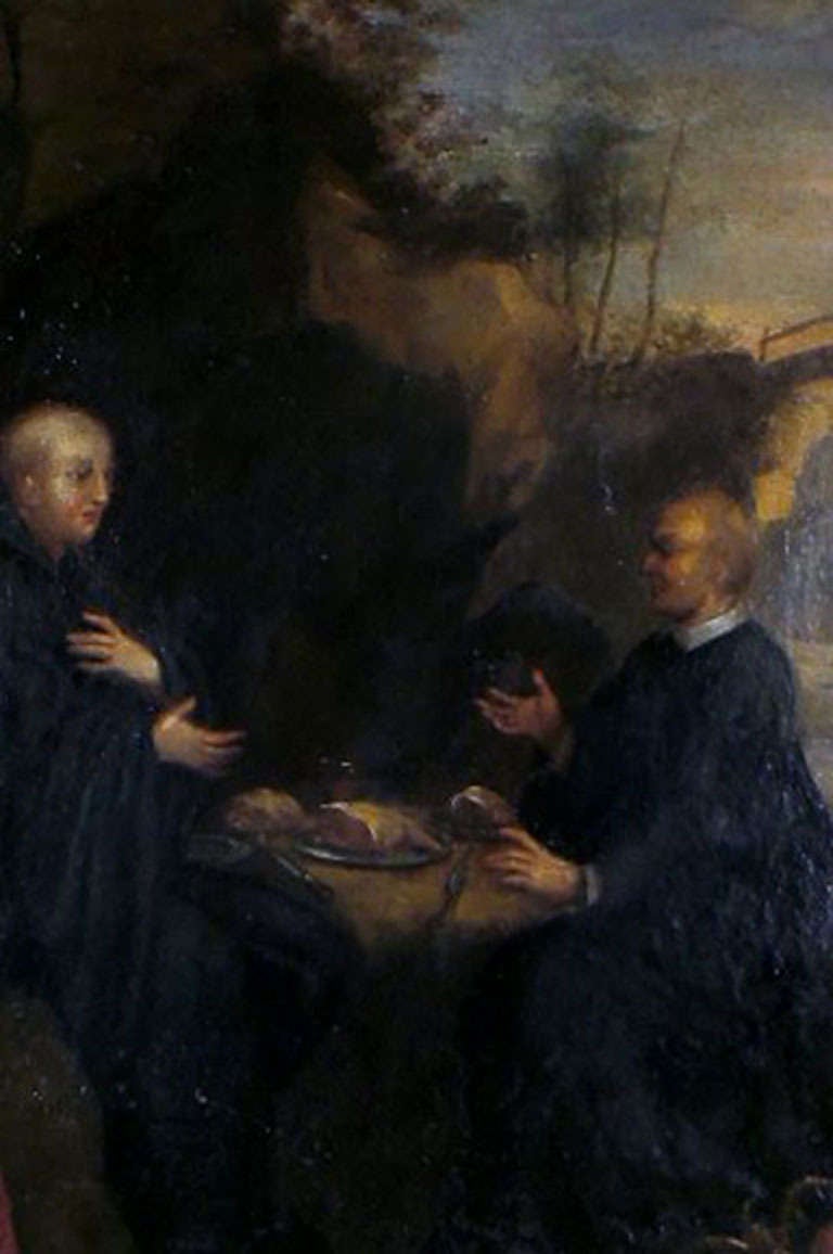 Grand maître italien du 18ème siècle, déjeuner de deux moines prenant du déjeuner, cathédrale en arrière-plan Bon état - En vente à Copenhagen, DK