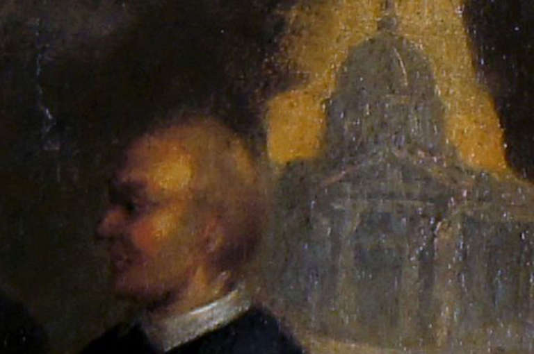 18th Century Italian Old Master, Two Monks Eating Lunch, Cathedral in Background For Sale 3